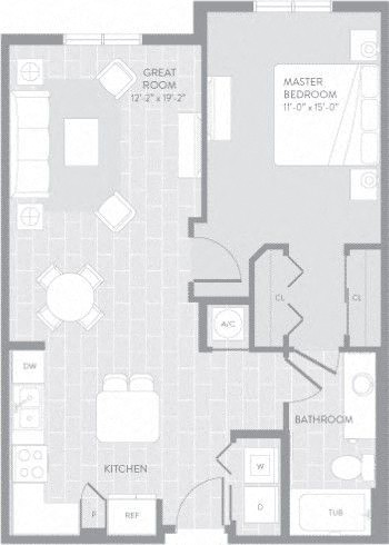 Floor plan for 1 bed, 1 bath, 807 sqft